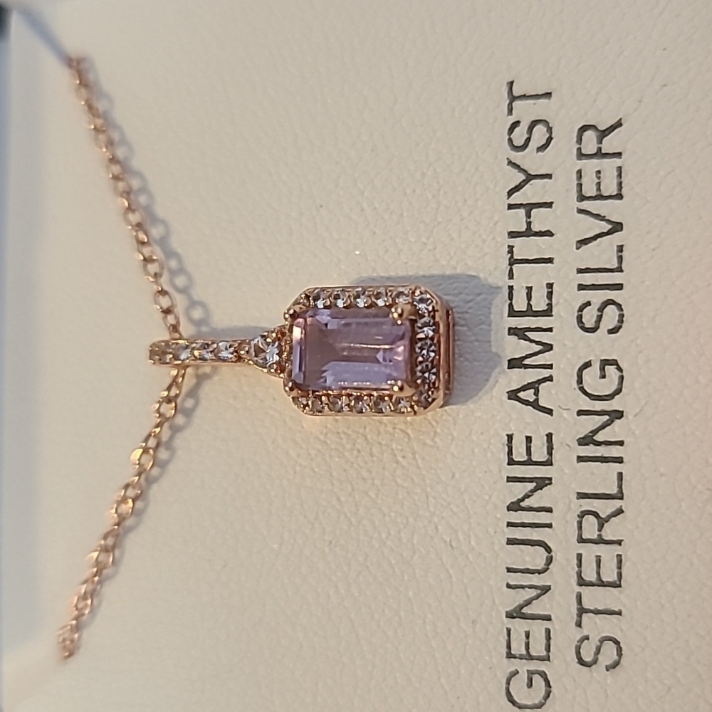 ROSE GOLD GENUINE AMETHYST STERLING SILVER 18" PENDANT & MATCHING RING - Picture 8 of 15
